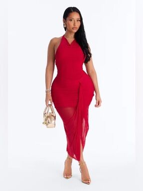 Red Halter Sheer Draped Midi Dress